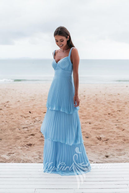 Straps Blue Prom Dress A Line Chiffon Pleated Layered Formal Dress GP787