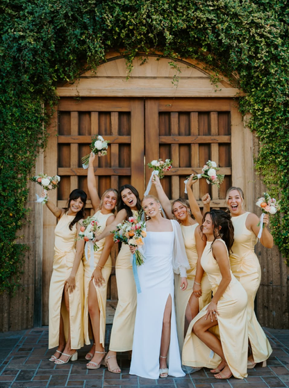 Backless A Line Round Neck Light Yellow Satin Long Bridesmaid Dress Evening Dress with Slit SH3274