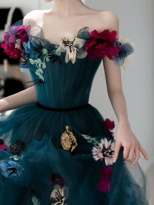 Unique Off The Shoulder  Tulle Appliques Long Evening Dress Formal Prom Dress SH1036