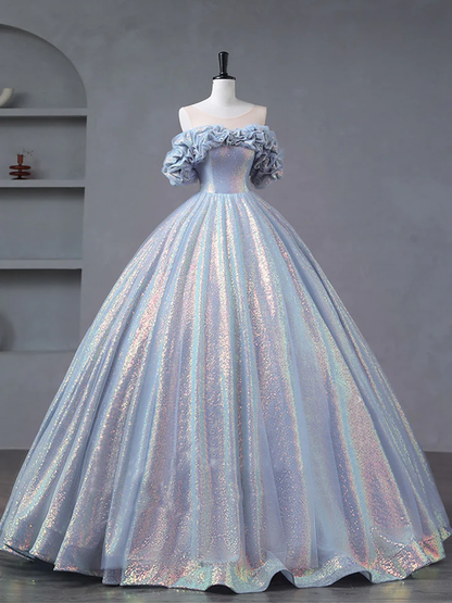 Off Shoulder Tulle Sequin Long Prom Dress Formal Quinceanera Dress Ball Gown  SH1325