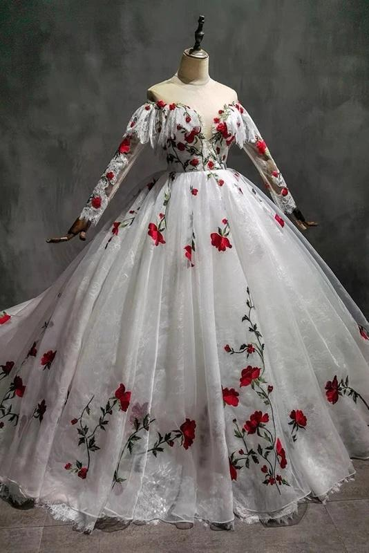 Off The Shoulder Lace Tulle Appliques Prom Dress Wedding Dress Quinceanera Dress  SH932