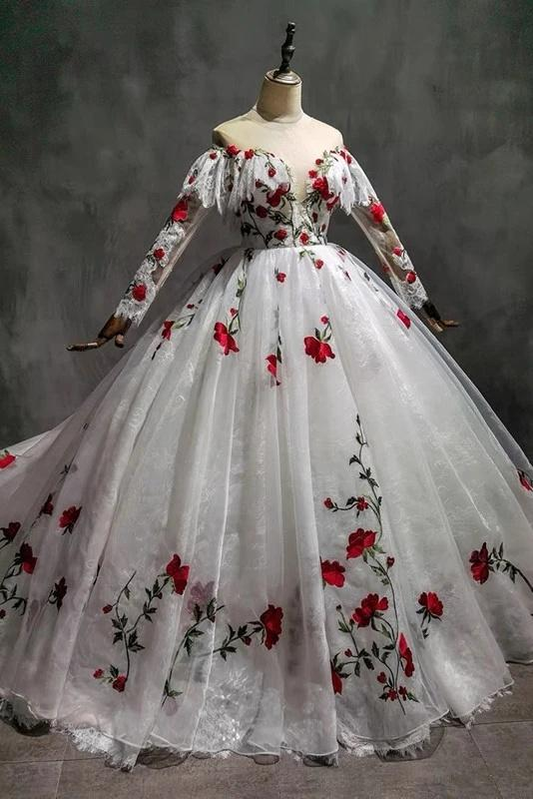 Off The Shoulder Lace Tulle Appliques Prom Dress Wedding Dress Quinceanera Dress  SH932
