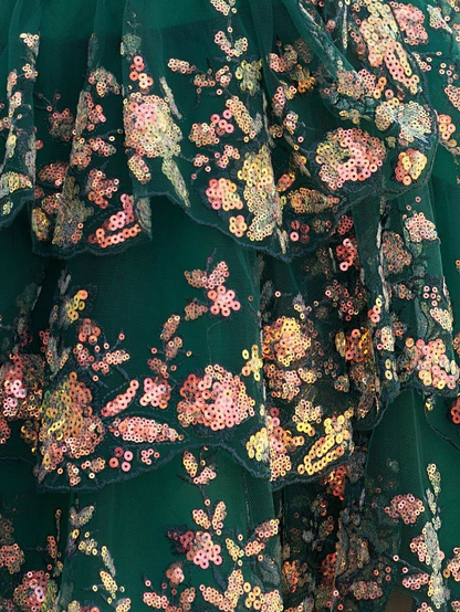 Unique Green A-Line Sweetheart Tulle Sequin Tiered Short Homecoming Dress Cocktail Dress S439