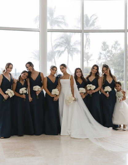 Navy Blue Mermaid V Neck Satin Long Bridesmaid Dress Evening Dress with Bow SH3272