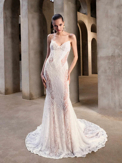 Hermoso vestido de novia de encaje blanco con tirantes finos y corte sirena, vestido de fiesta y noche TP4596