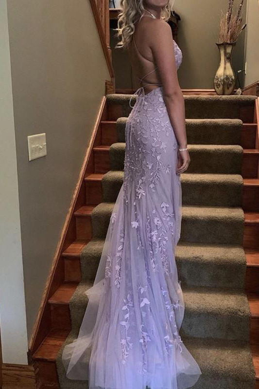 Vestido largo de graduación color lila con espalda descubierta y encaje de trompeta, vestidos de noche estilo sirena
