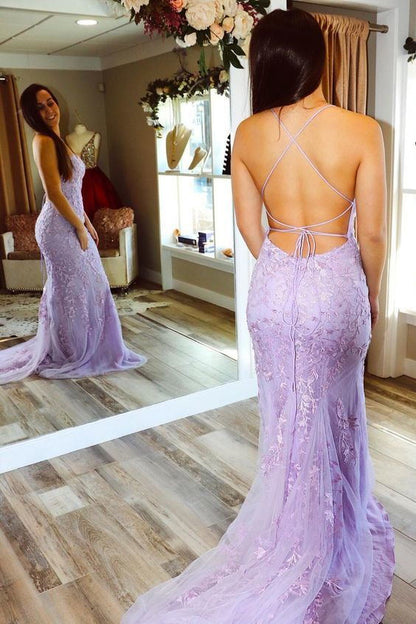 Vestido largo de graduación color lila con espalda descubierta y encaje de trompeta, vestidos de noche estilo sirena