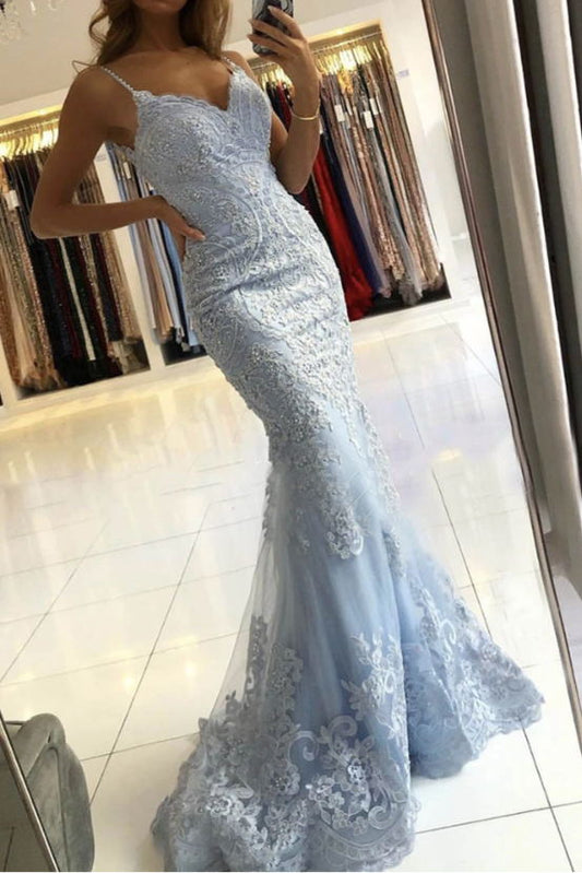 Mermaid Light Blue Lace Long Prom Dress V-back Evening Dress GP201