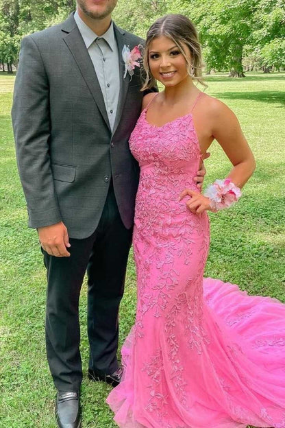 Mermaid Tulle Pink Long Floral Prom Dresses with Backless, GP162