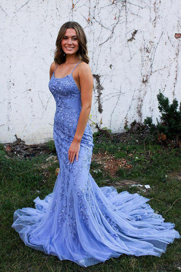 Mermaid Tulle Straps Lace Up Prom Dresses With Appliques,WP379