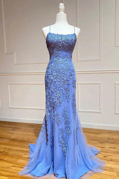 Mermaid Tulle Straps Lace Up Prom Dresses With Appliques,WP379