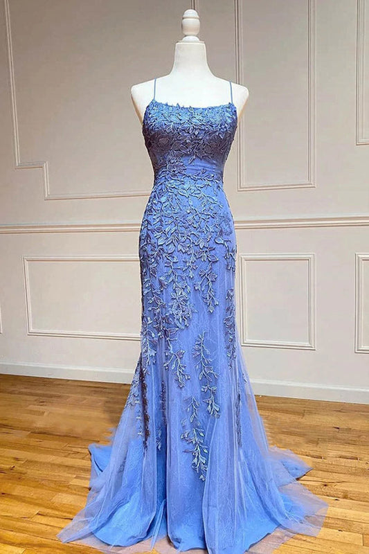 Mermaid Tulle Straps Lace Up Prom Dresses With Appliques,WP379