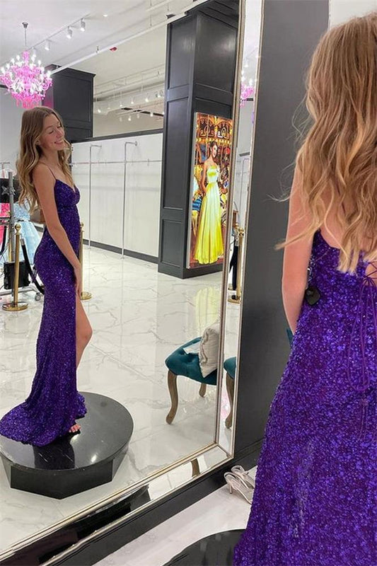 Mermaid V Neck Purple Sequins Long Prom Dresses Formal Evening Dresses GP402