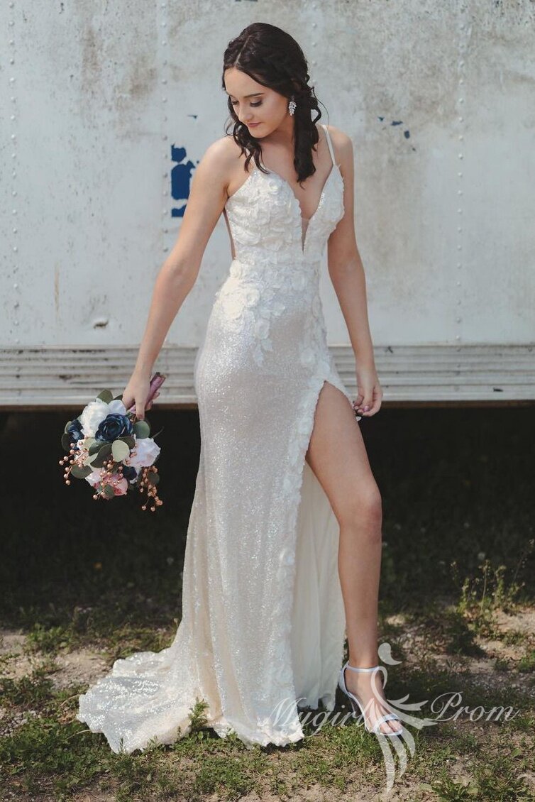 Mermaid Light Blue Sequin Long Prom Dress with Appliques, Slit Long Evening Dress GP435