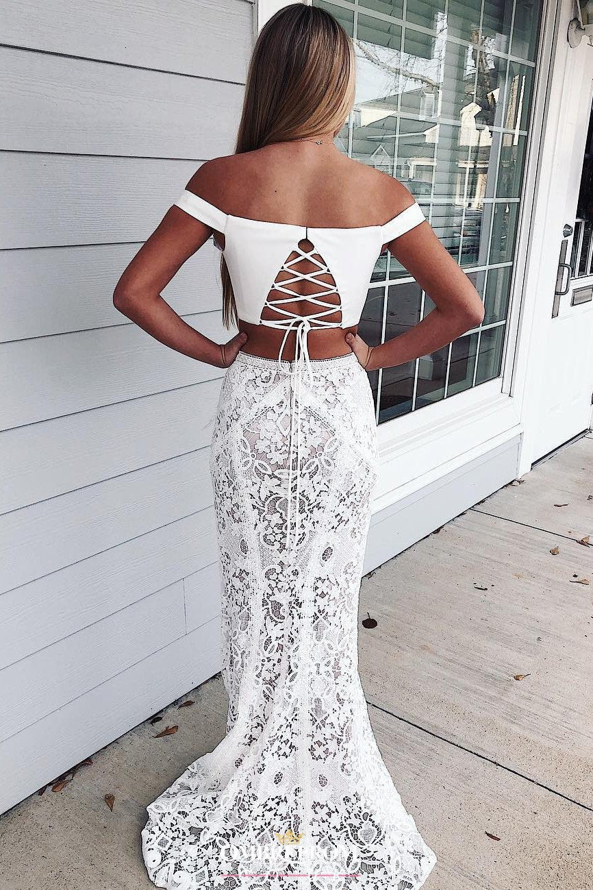 Off-Shoulder Mermaid Lace Prom Dress, Two Piece Ivory Long Evening Dress MP1163