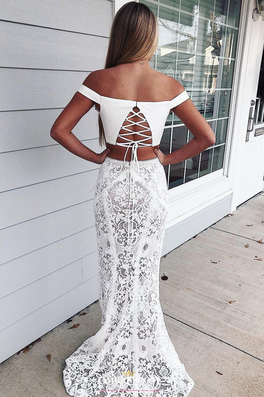 Two Piece Lace Prom Dress Long Off-Shoulder Mermaid Evening Dress GP21