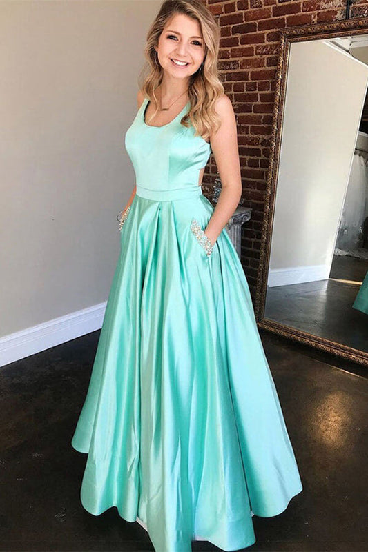 Vestidos de fiesta largos de satén verde menta con corte A, vestido de noche con bolsillos, vestido de fiesta 