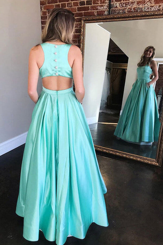 Vestidos de fiesta largos de satén verde menta con corte A, vestido de noche con bolsillos, vestido de fiesta 