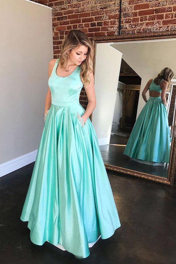 Vestidos de fiesta largos de satén verde menta con corte A, vestido de noche con bolsillos, vestido de fiesta 