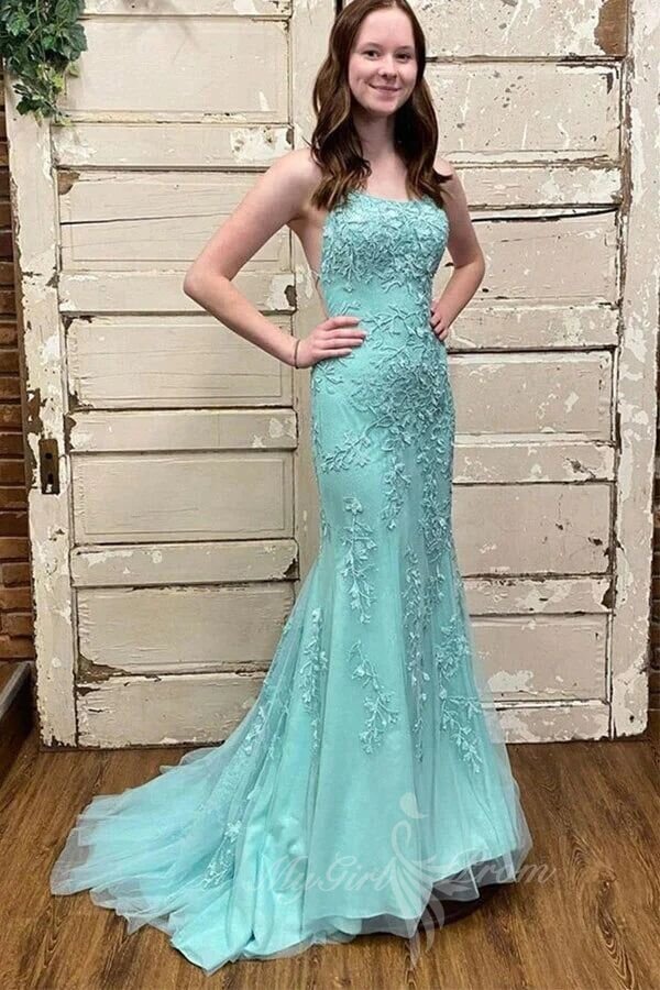 Pink Tulle Mermaid Prom Dresses Appliques Backless Evening Dresses GP596