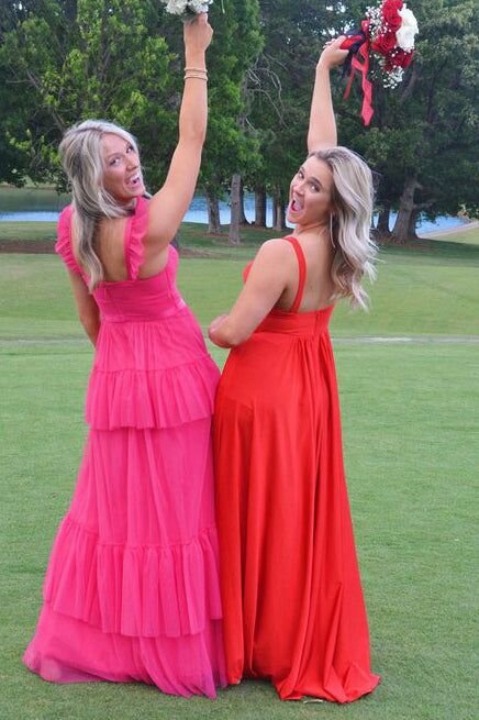 Modest Straps Hot Pink Long Prom Dresses A-line Tulle Tiered Formal Gown GP356