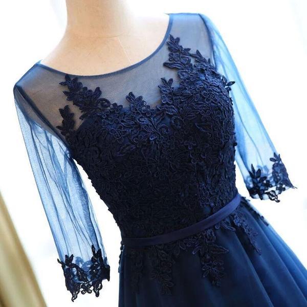 Dark Blue Long Prom Dress, Half Sleeves Wedding Party Dress MP1162