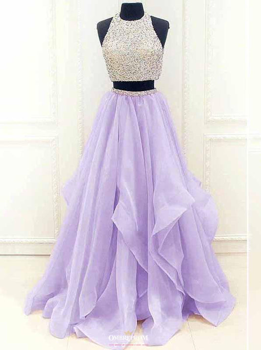 Modest Organza Prom Dress With Ruffles, Two Piece Beading Formal Dress MP748