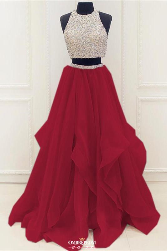 Modest Organza Prom Dress With Ruffles, Two Piece Beading Formal Dress MP748