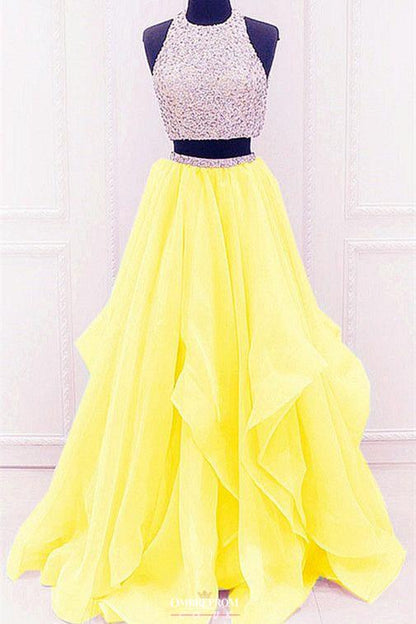 Modest Organza Prom Dress With Ruffles, Two Piece Beading Formal Dress MP748