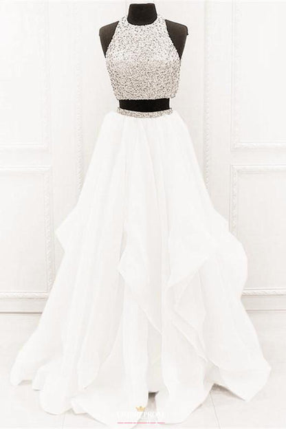 Modest Organza Prom Dress With Ruffles, Two Piece Beading Formal Dress MP748