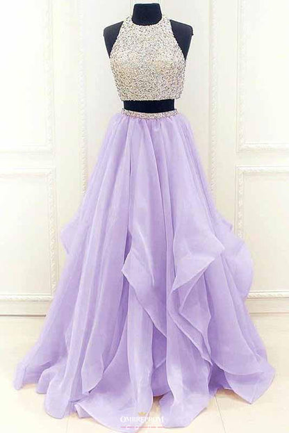 Modest Organza Prom Dress With Ruffles, Two Piece Beading Formal Dress MP748
