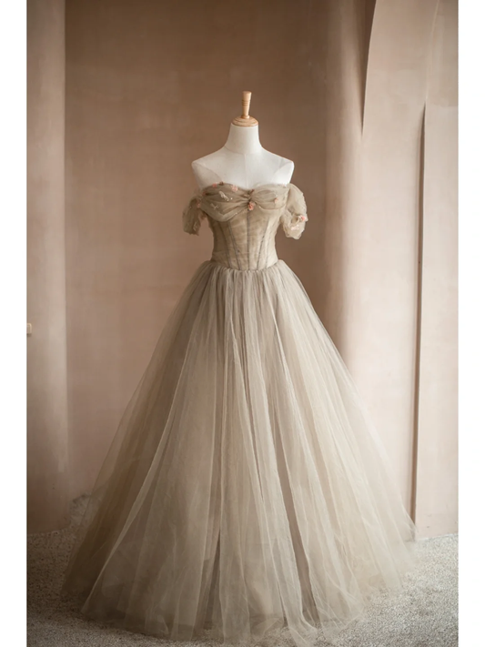 Light Camel A Line Off the Shoulder Floral Tulle Long Party Dress Prom Dress Formal Dress SH3855