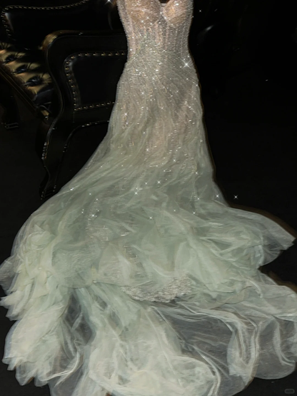 Romantic A Line Strapless Beaded Green Champagne Tulle Party Dress Evening Dress SH3372