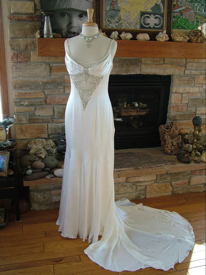 Pure white gorgeous exquisite elegant spaghetti straps long satin floor-length trailing prom dress evening dress wedding dress gh3633