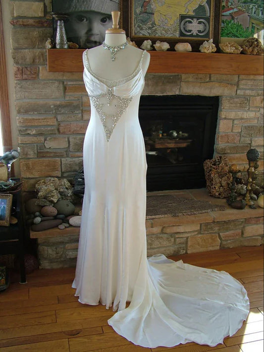 Pure white gorgeous exquisite elegant spaghetti straps long satin floor-length trailing prom dress evening dress wedding dress gh3633