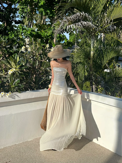 Romantic A Line Strapless White Sequin Chiffon Long Party Dress Evening Dress SH2914