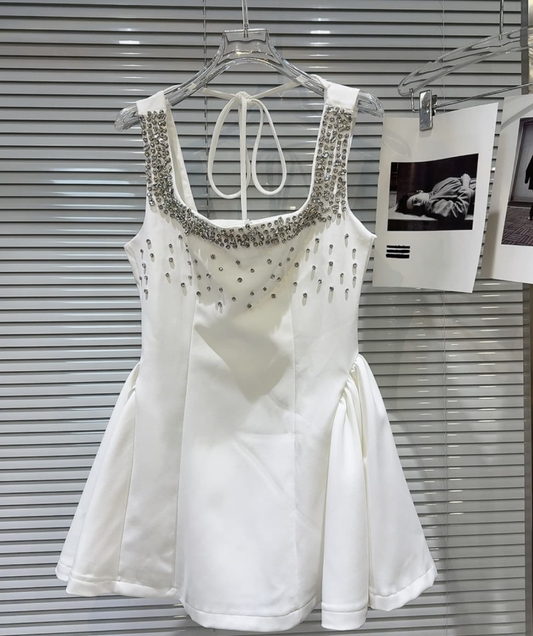 Cute A Line Strap Rhinestone White Satin Short Homecoming Dress Cocktail Dress SH3118