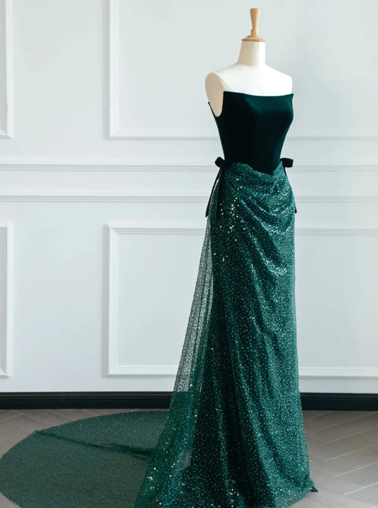 Green A Line Strapless Velvet Sequin Long Sweep Prom Dress Graduation Prom Dress SH2492