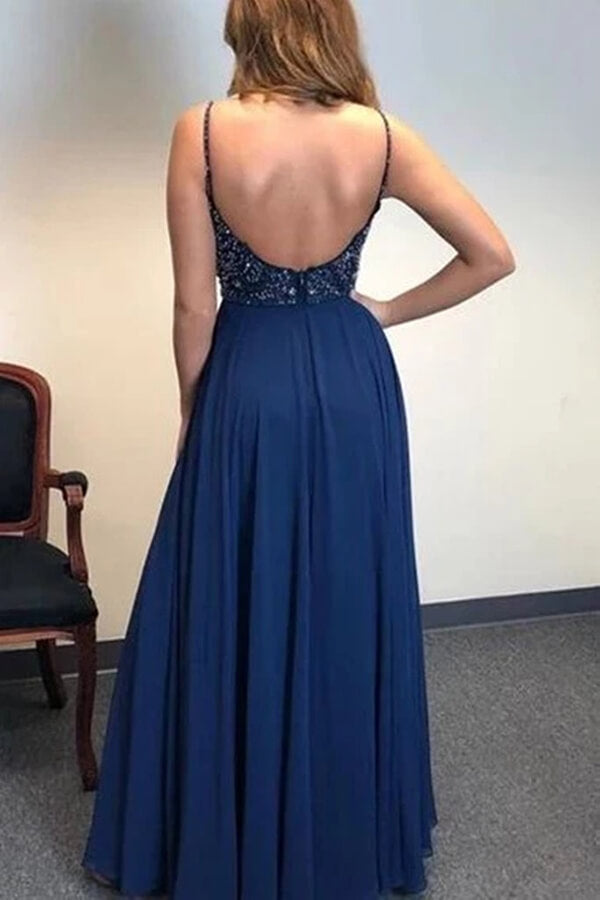 Vestidos de fiesta azul marino de corte A con tirantes finos y cuentas, vestido formal largo, vestidos de noche para bodas 