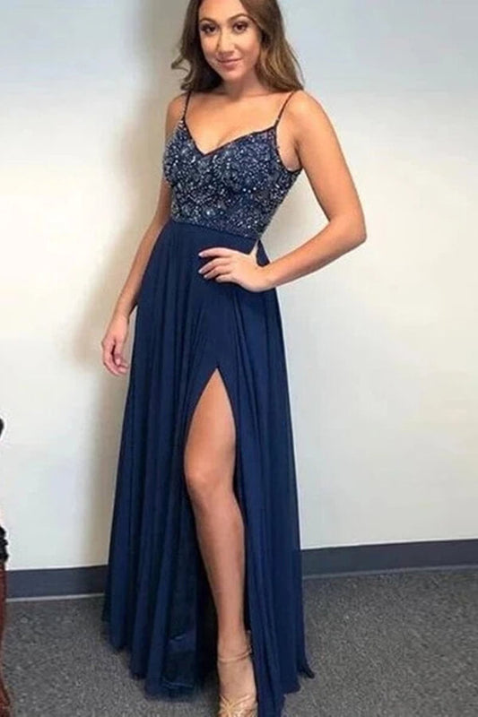 Vestidos de fiesta azul marino de corte A con tirantes finos y cuentas, vestido formal largo, vestidos de noche para bodas 
