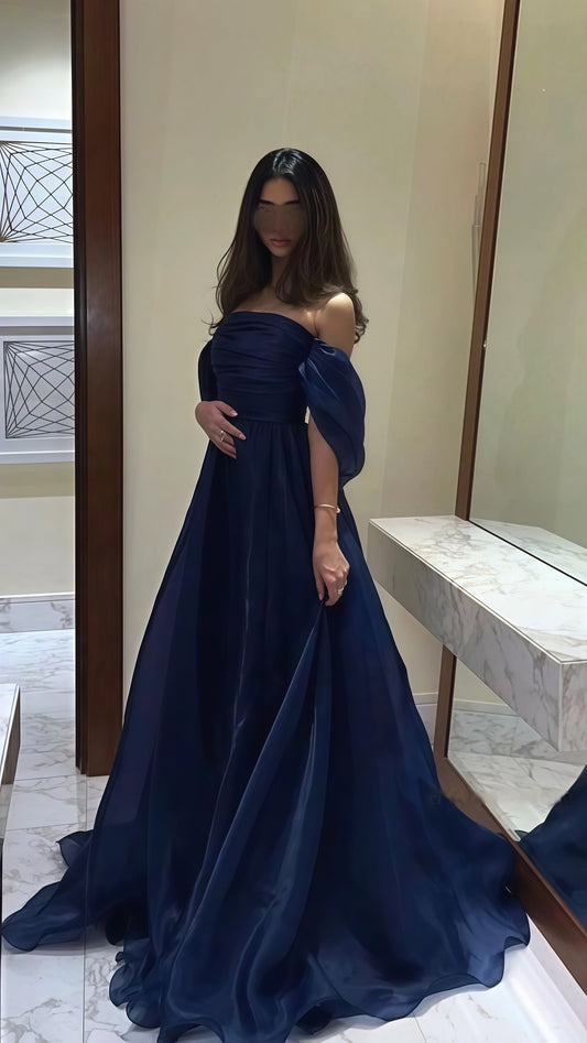 Navy Blue Organza A-line Evening Prom Dresses,AST1675