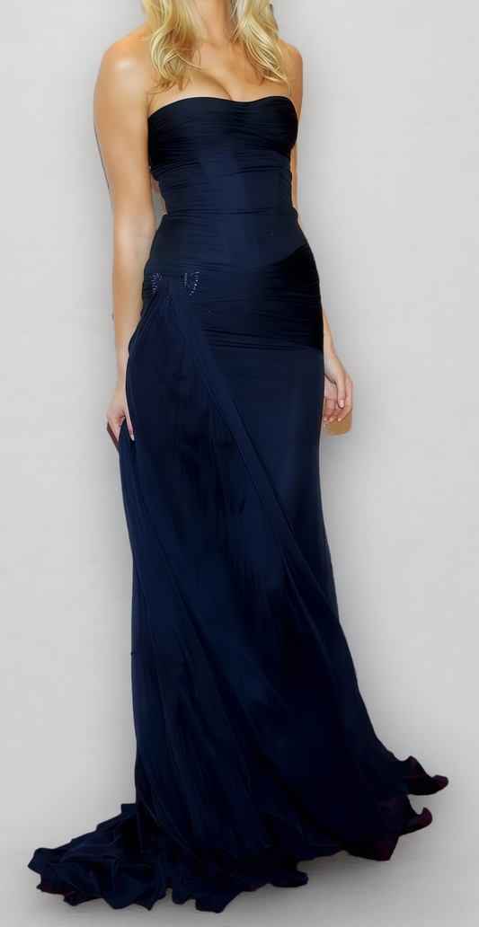 Navy Blue Strapless Long Prom Dress, Sleeveless Bodycon Evening Party Dress, AST1747