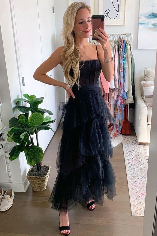 New A-line Layered Tulle Black Prom Dress, Sheer Corset Long Evening Dress GP220
