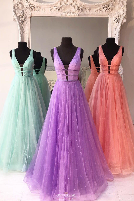 New Deep V-Neck Solid Tulle A-line Long Prom Dress With Beading MP746