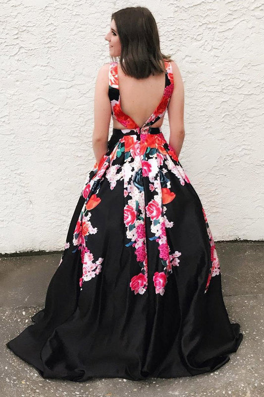 A-line V-neck Floral Print Black Long Prom Dress With Pockets MP726