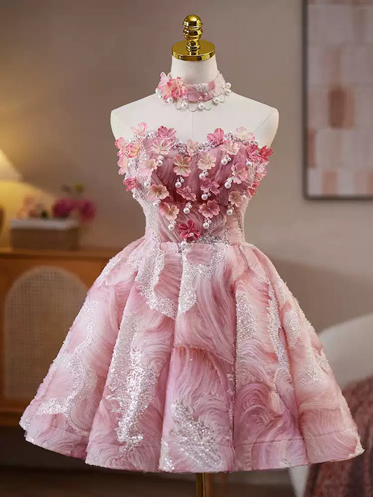 Pink fluffy sweet girl short prom dress homecoming dress party birthday party tube top princess dress gh4605