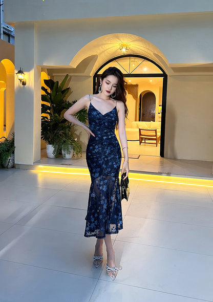French holiday floral sling dress blue mesh mermaid dress ED01436