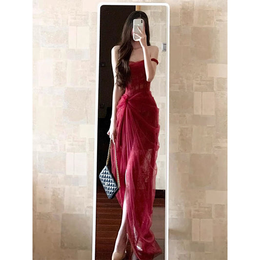 Vestido vintage de encaje burdeos con hombros descubiertos para fiesta de 22 cumpleaños, bonito atuendo de noche DH2443