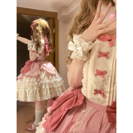 Sweet Ball Gown Square Neck Short Sleeves Gothic Pink Lace 16th Birthday Dress Lolita Dress Birthday Outfits W1118