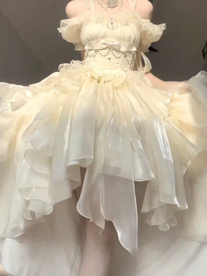 Vintage High Low Off The Shoulder Short Sleeves 16th Chiffon Birthday Dress Lolita Dress Birthday Outfits W1130